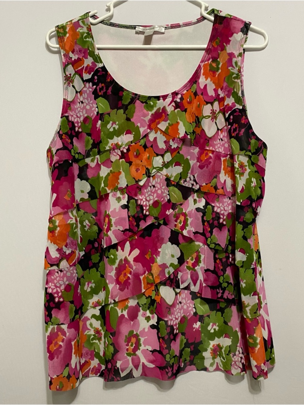 Dressbarn Sleeveless Floral Top Vibrant  Layered Ruffle XL Artsy